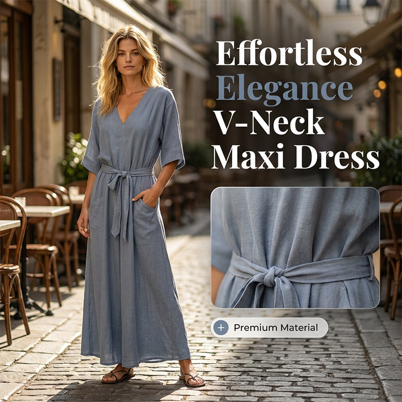 Solid Color V-Neck Maxi Dress with Pockets