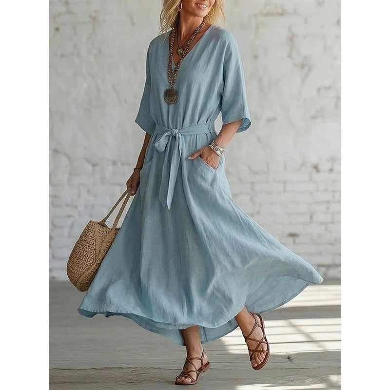 Solid Color V-Neck Maxi Dress with Pockets