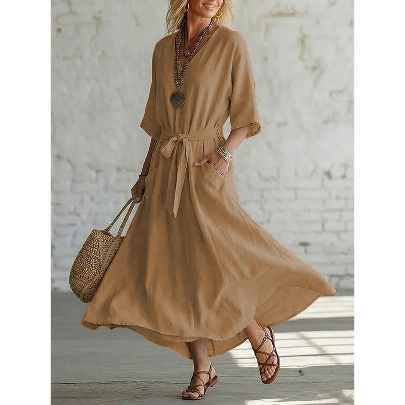 Solid Color V-Neck Maxi Dress with Pockets