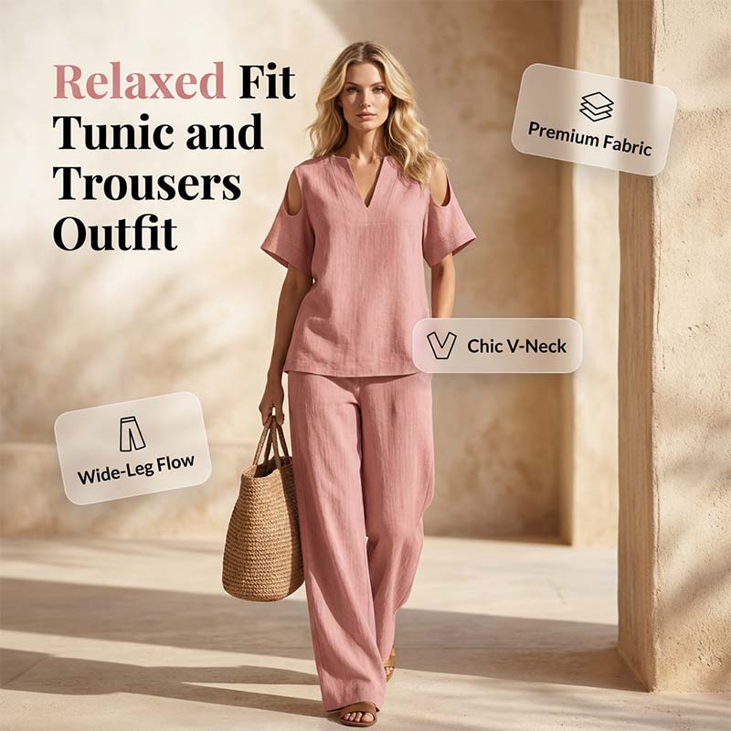 Solid Color Relaxed Fit Tunic and Trousers Outfit