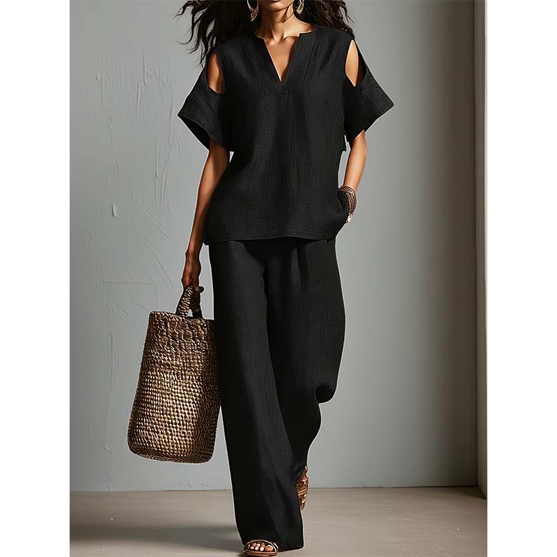 Solid Color Relaxed Fit Tunic and Trousers Outfit