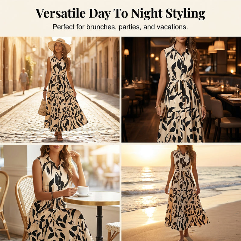 Sleeveless Collared Maxi Dress with Tie-Waist