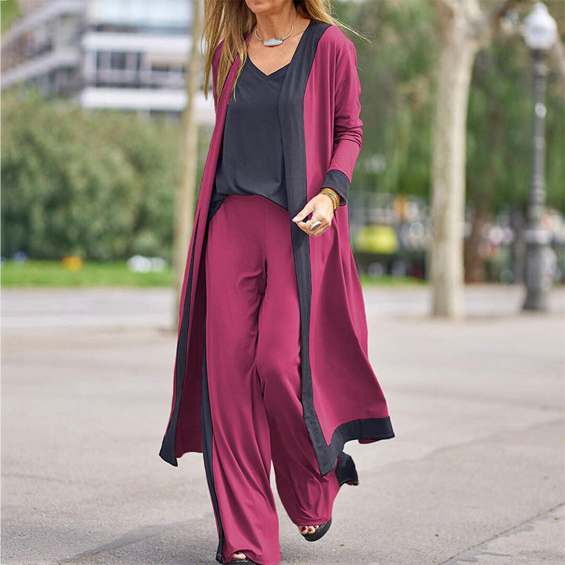 Women’s 3 Piece Outfit Contrast Color Cardigan Vest Pants Set
