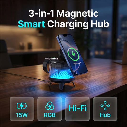 3-in-1 Magnetic Wireless Charger with Bluetooth Speaker and Atmosphere Light