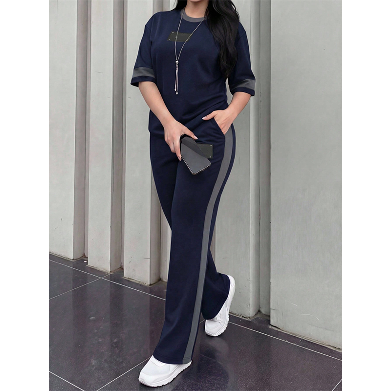 Women's Casual Two-Piece Lounge Set with Stripe Detail