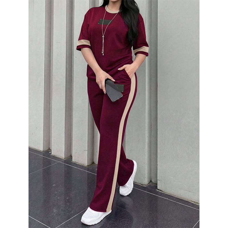 Women's Casual Two-Piece Lounge Set with Stripe Detail