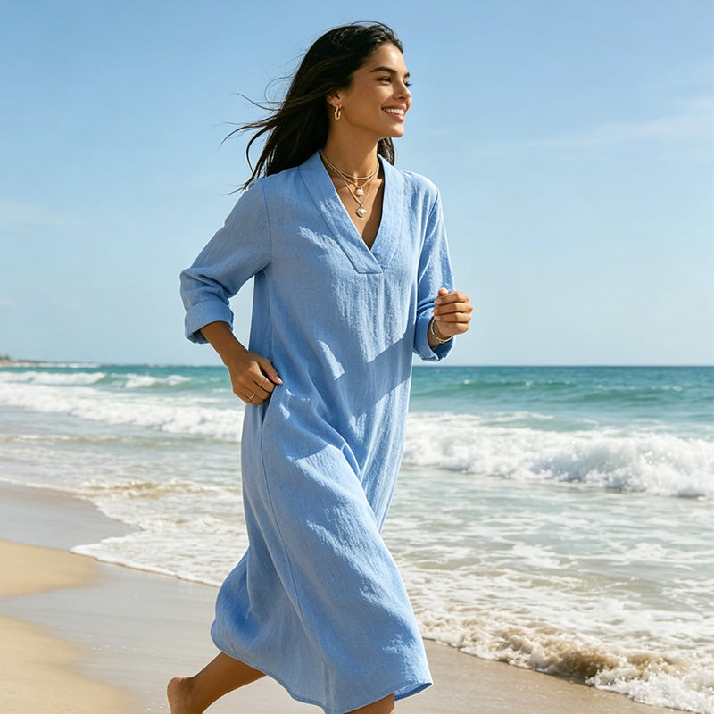 Women’s V-Neck Cotton Linen A Line Dress