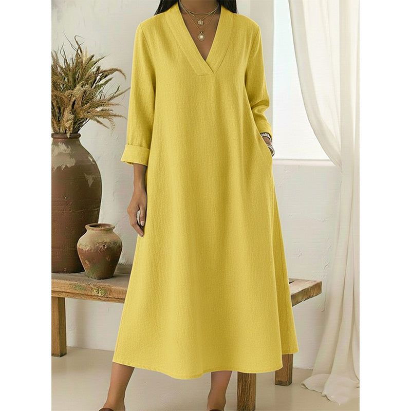 Women’s V-Neck Cotton Linen A Line Dress