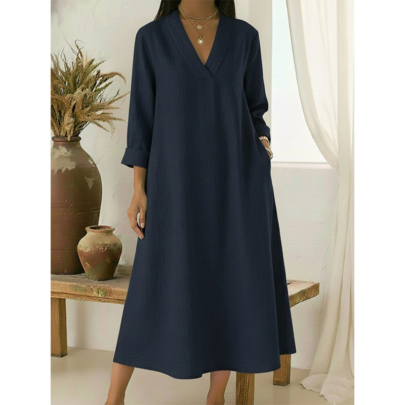 Women’s V-Neck Cotton Linen A Line Dress