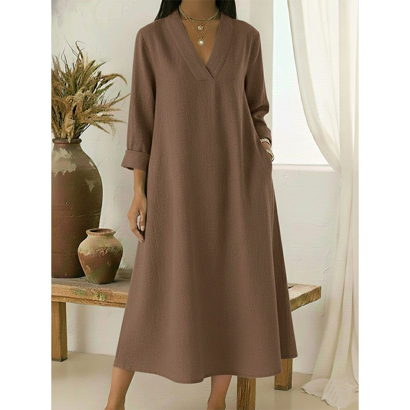 Women’s V-Neck Cotton Linen A Line Dress