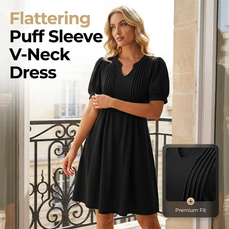 👗 LIMITED-TIME 50% OFF! 💥 Women's Elegant Puff Sleeve V-Neck Dress – Pleated Detail, A-Line, Plus Size ✨