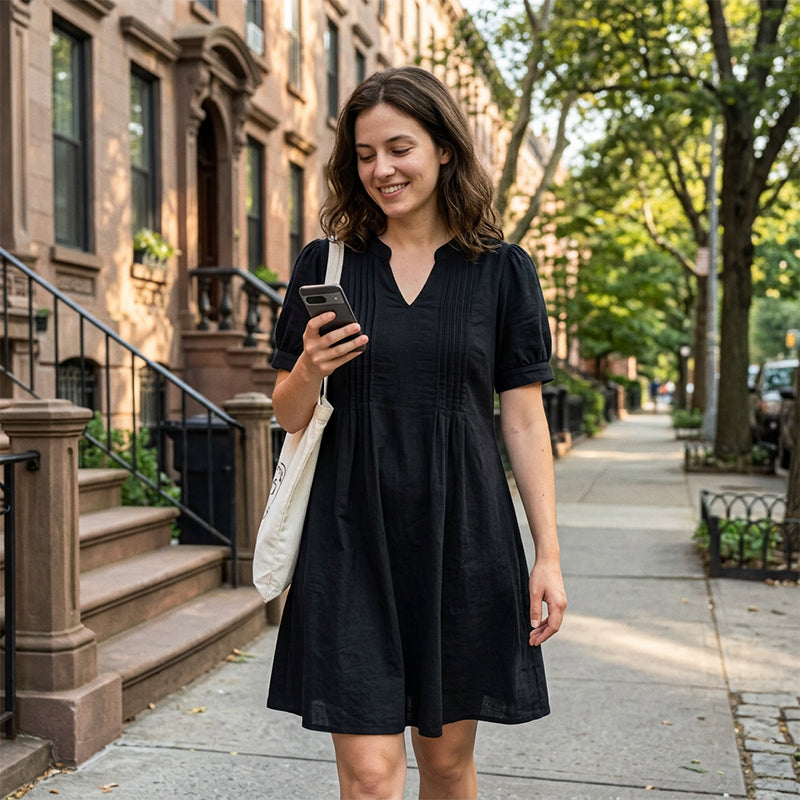👗 LIMITED-TIME 50% OFF! 💥 Women's Elegant Puff Sleeve V-Neck Dress – Pleated Detail, A-Line, Plus Size ✨
