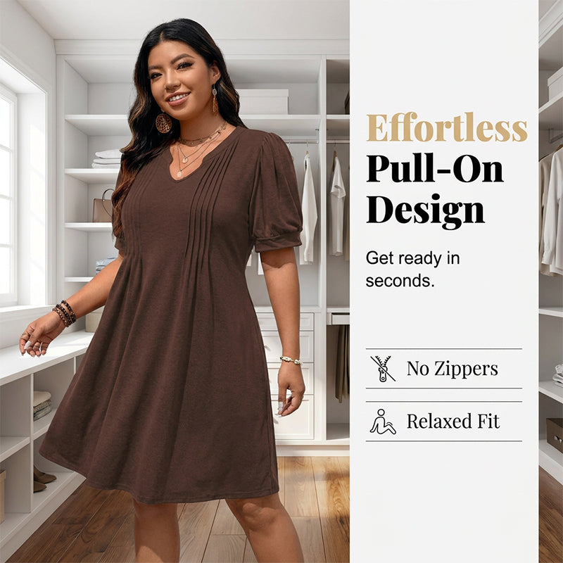 👗 LIMITED-TIME 50% OFF! 💥 Women's Elegant Puff Sleeve V-Neck Dress – Pleated Detail, A-Line, Plus Size ✨