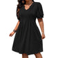 👗 LIMITED-TIME 50% OFF! 💥 Women's Elegant Puff Sleeve V-Neck Dress – Pleated Detail, A-Line, Plus Size ✨