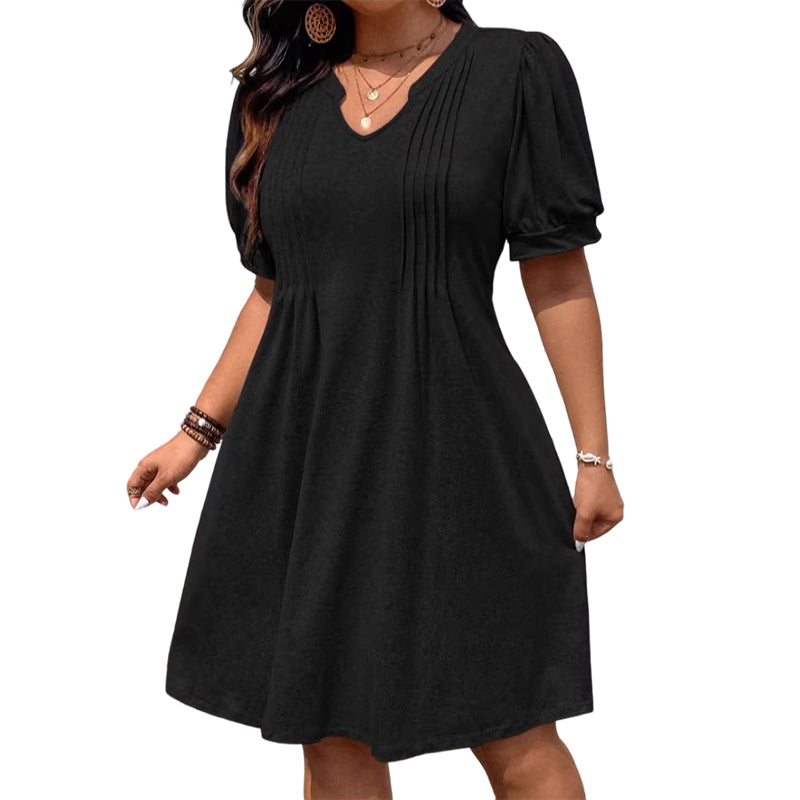 👗 LIMITED-TIME 50% OFF! 💥 Women's Elegant Puff Sleeve V-Neck Dress – Pleated Detail, A-Line, Plus Size ✨