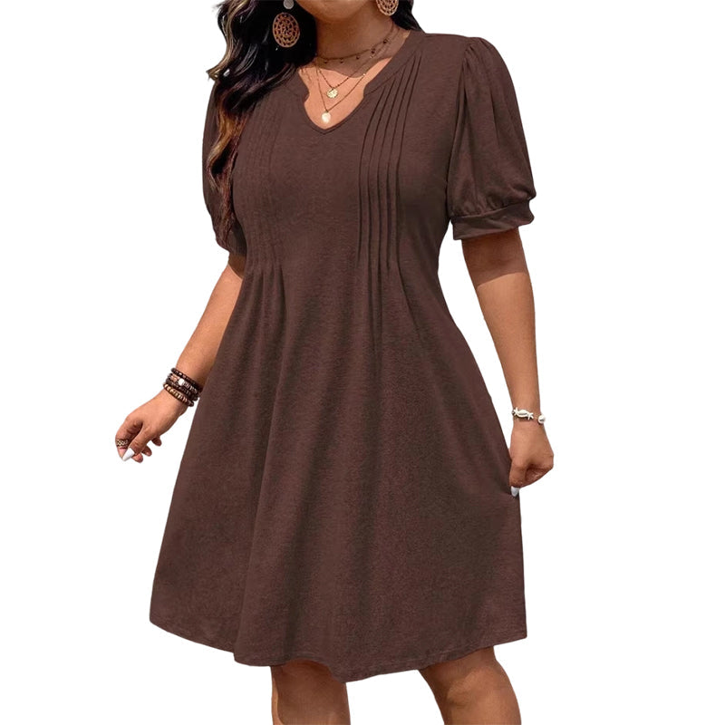 👗 LIMITED-TIME 50% OFF! 💥 Women's Elegant Puff Sleeve V-Neck Dress – Pleated Detail, A-Line, Plus Size ✨