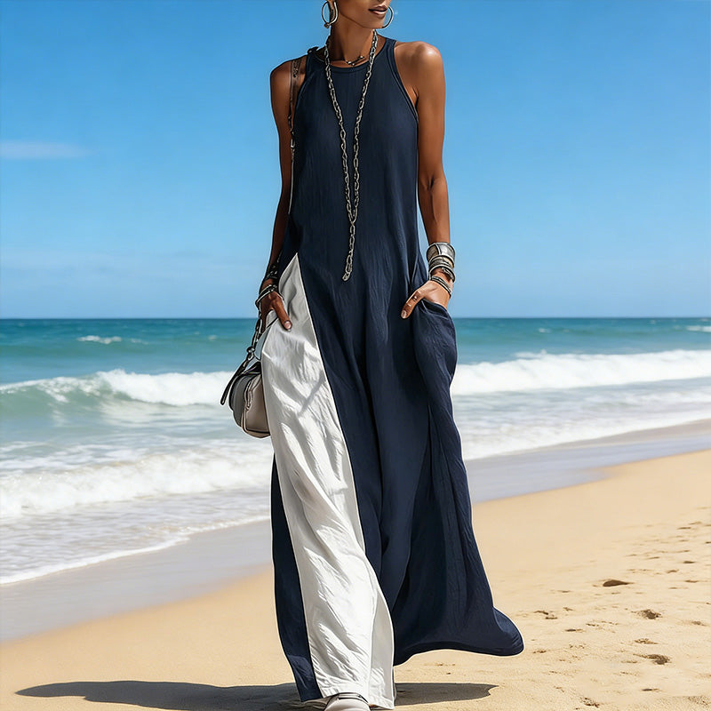 📢📢40% OFF !! ⏰Women's Flowy Sleeveless Colorblock Maxi Dress