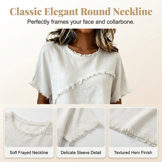 👚 LIMITED-TIME 50% OFF! 💥 Women's Summer Top with Raw Edge Paneling – Round Neck, Relaxed Fit, Edgy ✨