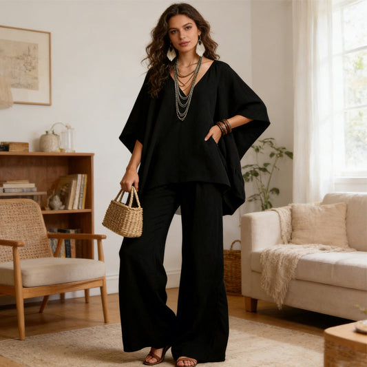 ⌛Limited-time offer-Women's V-Neck Batwing Sleeve Top & Wide-Leg Pants Set
