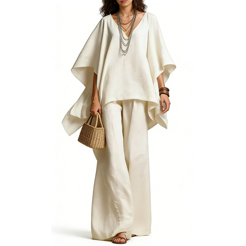 Women's V-Neck Batwing Sleeve Top & Wide-Leg Pants Set