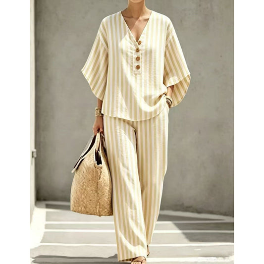 ⌛Limited-time offer-Women's Striped V-Neck Top & Wide-Leg Pants Set