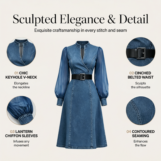 👗Slim Fit Stand Collar Denim Midi Dress– Elegant Everyday Chic✨