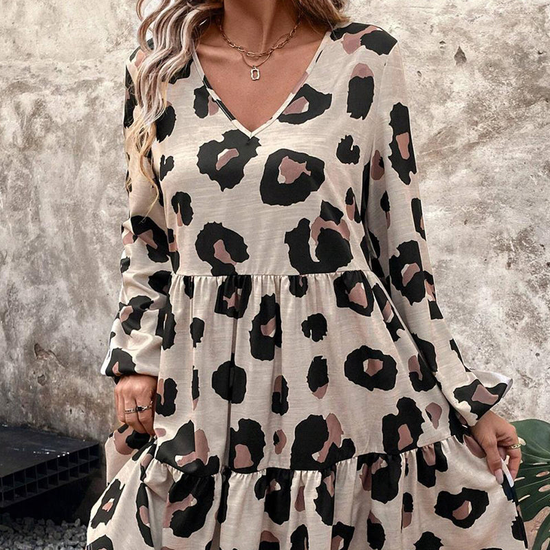 Women's Flowy Leopard Print V-Neck Dress