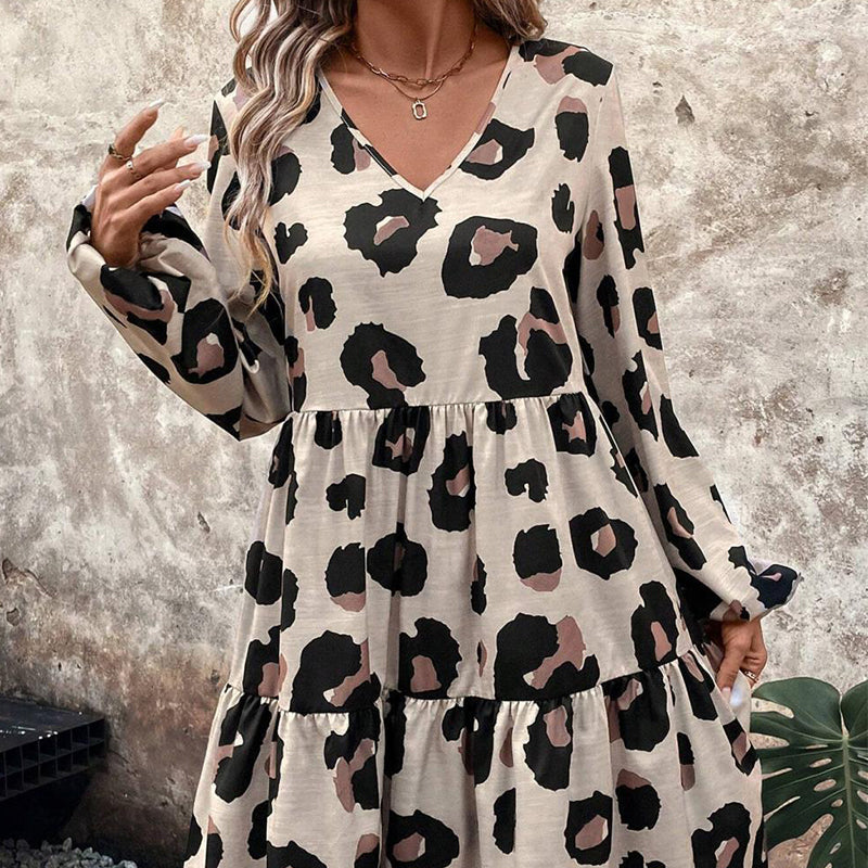 Women's Flowy Leopard Print V-Neck Dress