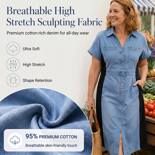 ⌛Limited-time offer-Denim Dress Slimming Contrast Color Midi Dress