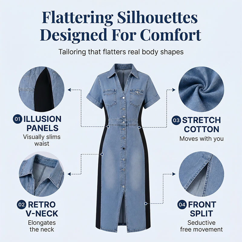 ⌛Limited-time offer-Denim Dress Slimming Contrast Color Midi Dress