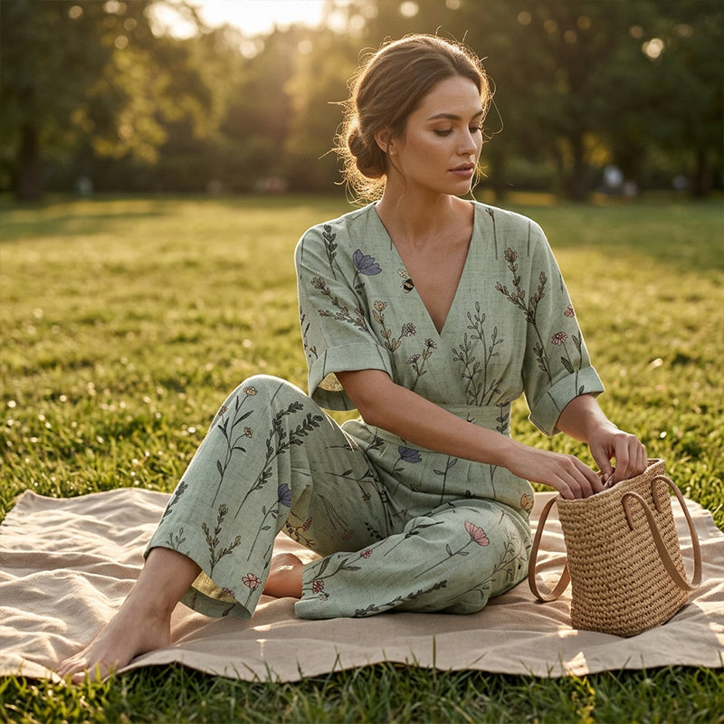 ⌛Limited-time offer-Women's Elegant V-Neck Printed Jumpsuit