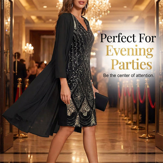 🔥Limited-Time Offer-Women's Long-Sleeve Printed Dress & Cardigan 2 Piece Set