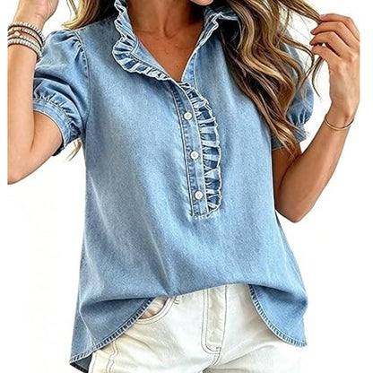 🔥Limited-time offer-Women's Ruffle Collar Denim Top