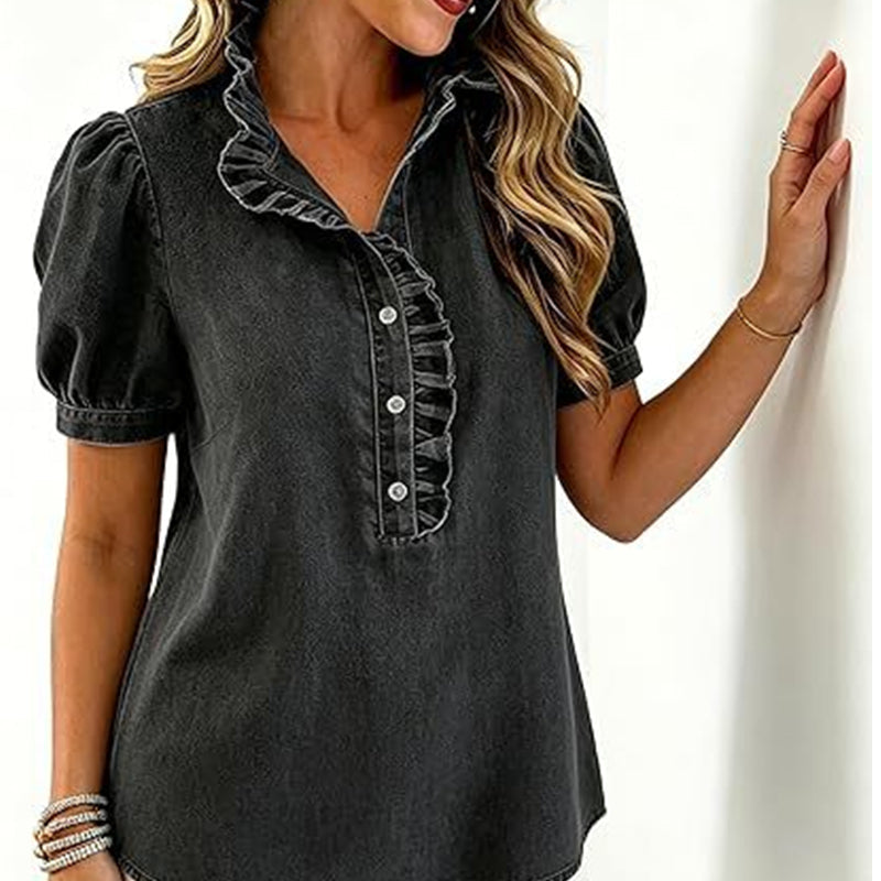 🔥Limited-time offer-Women's Ruffle Collar Denim Top