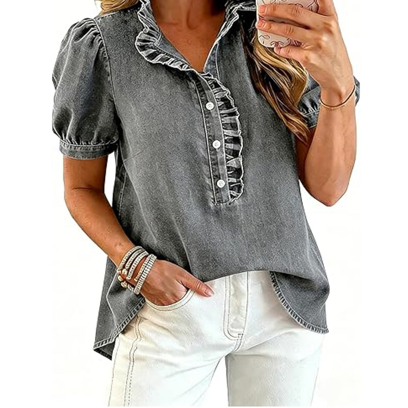🔥Limited-time offer-Women's Ruffle Collar Denim Top