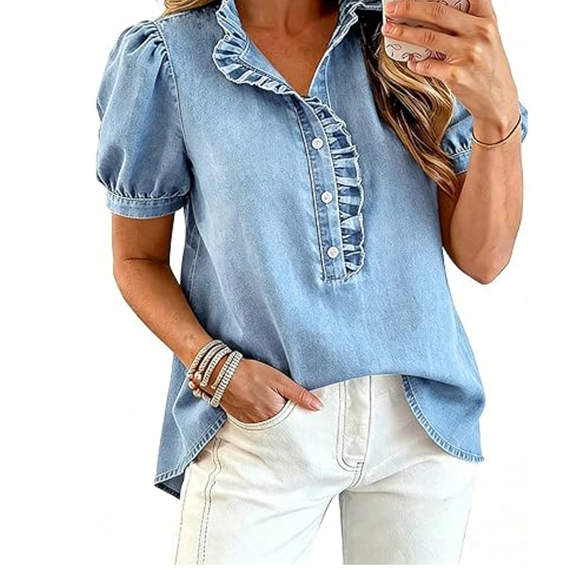 🔥Limited-time offer-Women's Ruffle Collar Denim Top