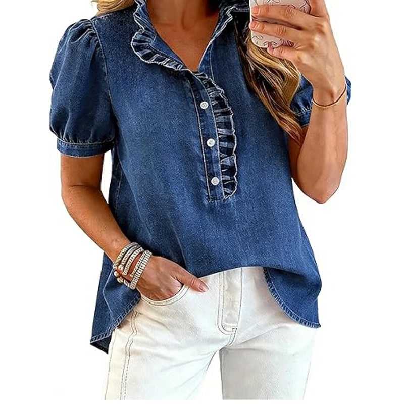 🔥Limited-time offer-Women's Ruffle Collar Denim Top