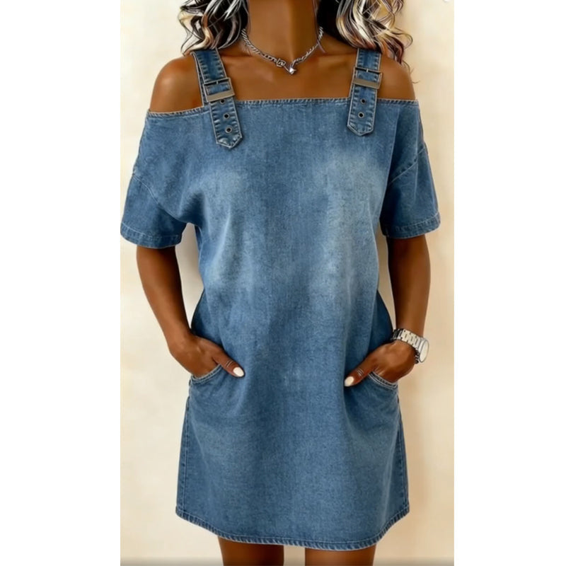 ⌛Limited-time offer-Women‘s Denim Dress with Adjustable Buckles and Pockets