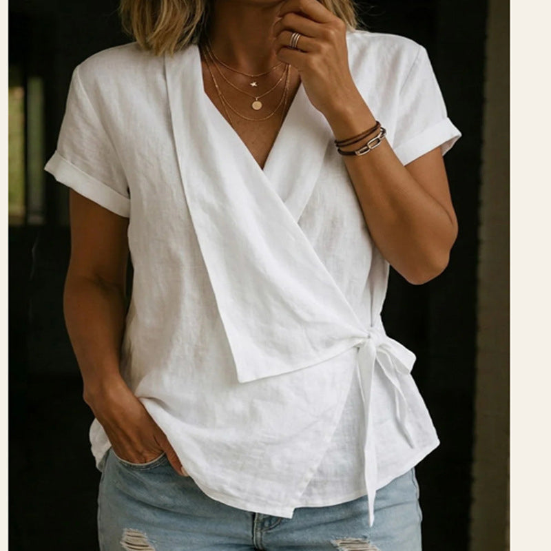 💥50% off on the last day-Women's Short Sleeve V-Neck Tie-Waist Top