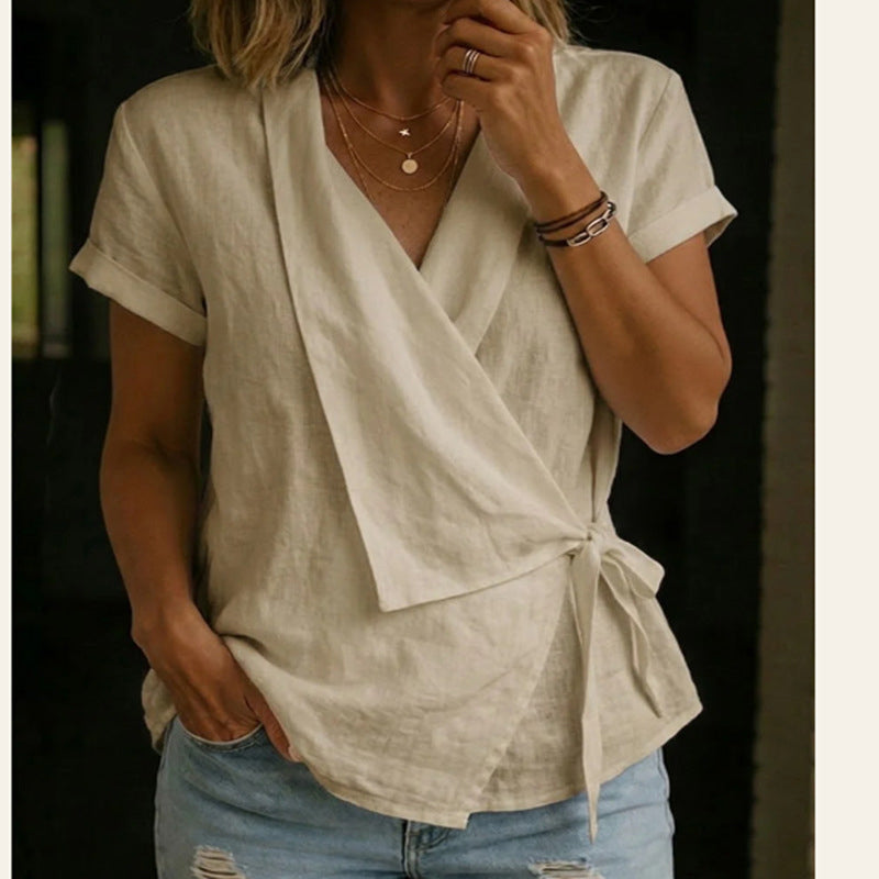 💥50% off on the last day-Women's Short Sleeve V-Neck Tie-Waist Top