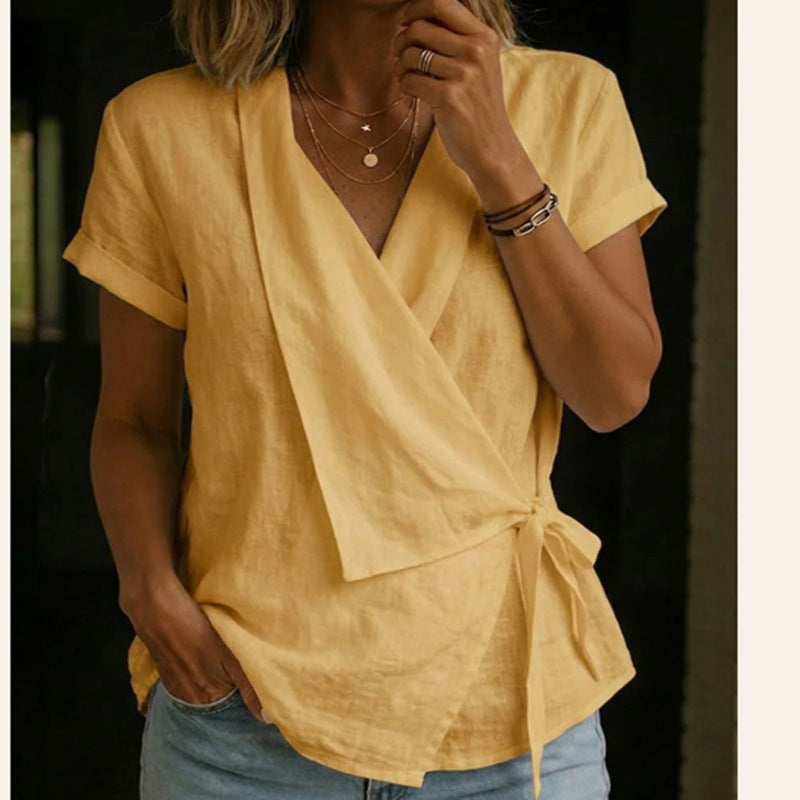 💥50% off on the last day-Women's Short Sleeve V-Neck Tie-Waist Top