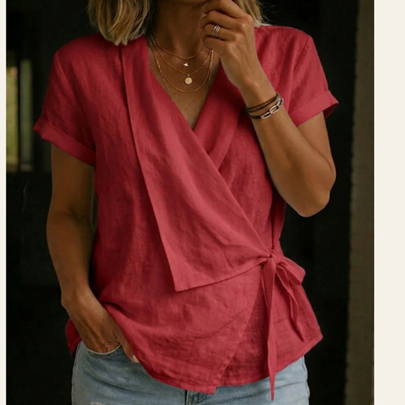 💥50% off on the last day-Women's Short Sleeve V-Neck Tie-Waist Top