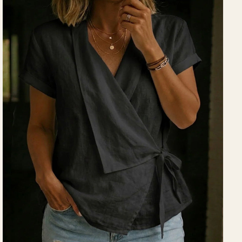 💥50% off on the last day-Women's Short Sleeve V-Neck Tie-Waist Top