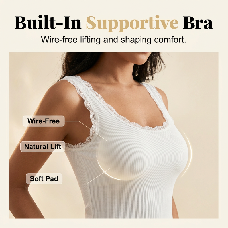 Women's Slim Fit Sleeveless Top Ribbed Cami with Built-in Cups and Lace