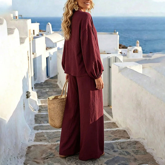 Women's Casual V-Neck Top & Pants Set