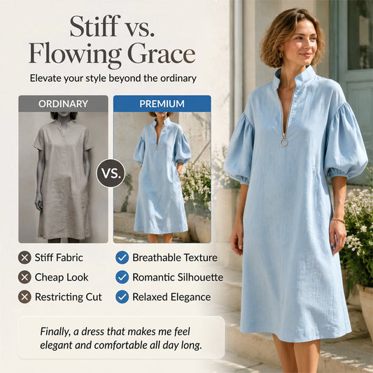 Women's Half-Zipper Stand Collar Puff Sleeve Dress