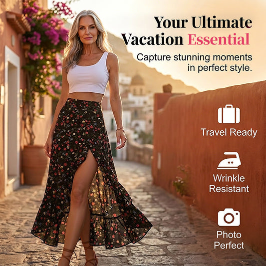 Women Floral High Waist Ruffle Split Midi Skirt for Summer Holiday