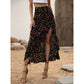 Women Floral High Waist Ruffle Split Midi Skirt for Summer Holiday
