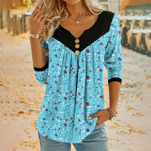 Women's Printed V-Neck Long Sleeve T-Shirt