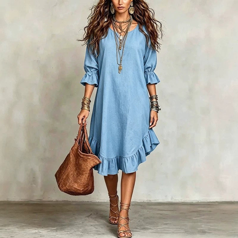 🎉NEW ARRIVAL LIMITED TIME OFFER 💞Women's Ruffle Hem V Neck Woven Dress